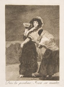 Ilustração 16 de Los Caprichos: Pelo amor de Deus: e era sua mãe Dios la Perdone: Y ..., 1799. de Francisco de Goya