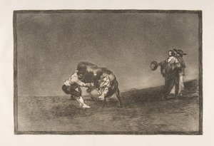 Ilustração 16 da Tauromaquia: O mesmo homem lança um touro no ringue em Madri., 1816. de Francisco de Goya