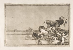 Ilustração 21 da Tauromaquia: Eventos terríveis nas filas da frente do anel em Madri a ..., 1816. de Francisco de Goya
