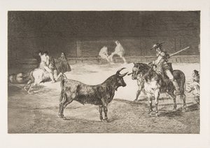 Ilustração 27 do Tauromaquia: O célebre picador, Fernando del Toro, desenha o fogo ..., 1816. de Francisco de Goya