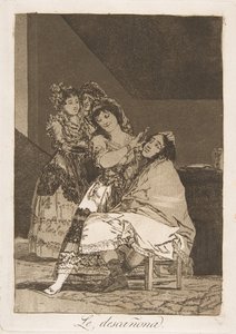 Ilustração 35 de Los Caprichos: Ela o tira de Le descañona., 1799. de Francisco de Goya