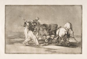 Ilustração 3 de Tauromaquia: Os mouros se estabeleceram na Espanha, abandonando as superstições de th ..., 1816. de Francisco de Goya