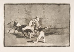 Ilustração 8 da Tauromaquia: Uma charneca capturada pelo touro no ringue, 1816. de Francisco de Goya