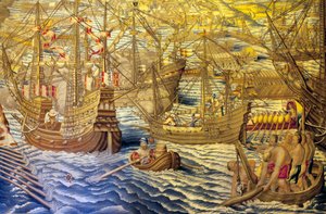 Os navios e a barcaça - Pormenor do conquete de Túnis (Tunísia) - Tapeçaria de Francisco e Cornelius Van der Ggot (século XVIII), tecida na fábrica de tapeçaria real, meados do século XVIII, após a tapeçaria do século XVI de Willem de Pannemaker - (Tun de Francisco Ignacio Vandergoten Canyuwell