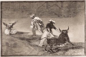 Tourada: Os Mouros tocam a capa com outro touro num recinto. de Francisco de Goya