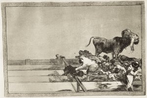 GOYA Y LUCIENTES, Francisco de (1746-1828). Acontecimentos terríveis nas filas da frente do ringue em Madrid e a morte do presidente da câmara de Torrejon em 1801. 1816. Placa 21 de "A Arte da Tauromaquia". Etching. ESPANHA. MADRID (COMUNIDADE AUTÓNOMA). M de Francisco Jose de Goya y Lucientes