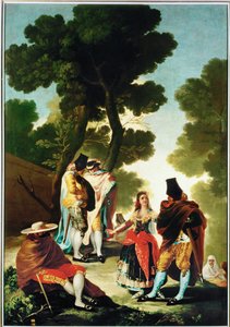 La maja y los Embozados - a maja e os homens de capa, desenho para tapeçaria 40-06-09/42 ... (pintura sobre tela) de Francisco Jose de Goya y Lucientes