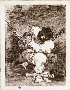 Cadeia de prisioneiros sentados - A segurança é tão bárbara quanto o crime. (Gravação de Francisco de Goya