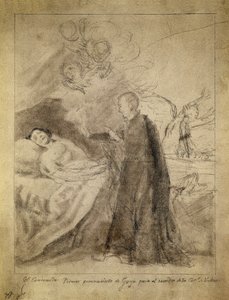São Francisco Borgia (1510-1578) à beira de um impenitente moribundo. Desenho 1788, de Francisco de Goya y Lucientes (1746-1828). Esboço para a pintura do mesmo título encomendada pela família Ausuna. Museu do Prado, Madrid.