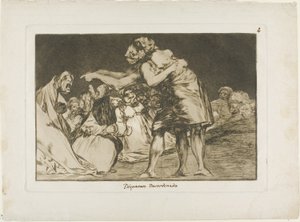 Ela que está doente qua nunca perde a chance de dizer isso, placa sete de Los Proverbios de Francisco Jose de Goya y Lucientes