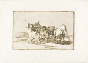 Os mouros se estabeleceram na Espanha, abandonando as superstições do Alcorão, adotaram essa arte de caçar e lançam um touro ao ar livre, placa três de The Art of Bullfighting de Francisco Jose de Goya y Lucientes