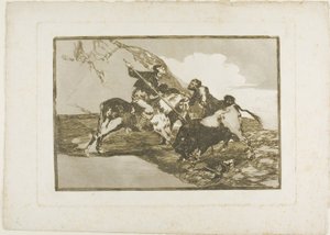A maneira como os antigos espanhóis caçavam touros a cavalo no campo aberto, prato um de The Art of Bullfighting de Francisco Jose de Goya y Lucientes