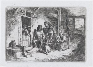 Prancha 10: duas figuras dançando, outra sentada tocando tambor, da série de costumes..., 1850.