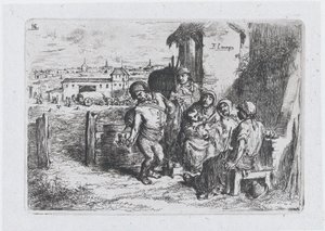 Ilustração 16: um grupo de pessoas ao ar livre, incluindo um homem servindo vinho ou água de um vaso..., 1850.