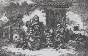 Prancha 19: uma família e um menino brincando com um cachorro do lado de fora de uma casa, da série de costume..., 1850.