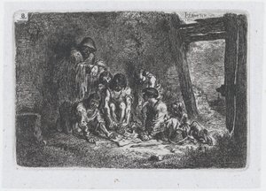 Prancha 8: um grupo de figuras algumas das quais jogam um jogo, da série de costumes e..., 1850.