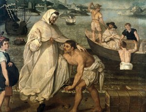 São Pedro Nolasque (1189-1256) embarca para libertar os cristãos cativos mantidos como reféns por piratas mouros para serem vendidos como escravos na África (pintura)