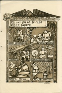 Ilustração de Francisco Sancha Lengo (1874-1936) - Flying leaf, circa 1915 - El mal que no se cura es la locura - Guerra de 14 -18, Alemanha Prússia, gás asfixiante, língua espanhola, imprensa estrangeira