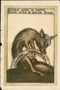 Ilustração de Francisco Sancha Lengo (1874-1936) - Folha voadora, ca. 1915 - Mucho sabe la zorra pero mal el que la toma - Guerra de 14 -18, Alemanha Prússia, Beligerantes e Símbolos, Aliados, Língua Espanhola, Imprensa Estrangeira - Fox -, Obstrução, Anim