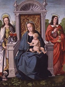 Madonna e Criança com Santa Catarina e São João Evangelista, c.1530-40 (painel) de Francisco de (attr. to) Comontes