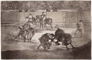 Tourada: um toureiro entra na arena para matar o touro com um chapéu em vez da muleta de Francisco de Goya