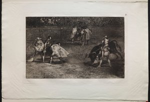 Touradas: Um toureiro montado nos ombros de um assistente, lançando um touro de Francisco de Goya