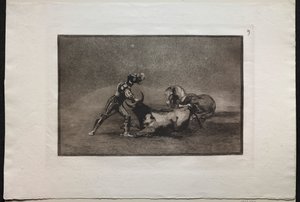 Touradas: Um cavaleiro espanhol mata o touro depois de ter perdido seu cavalo de Francisco de Goya
