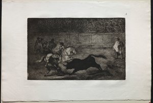 Touradas: um cavaleiro montado espanhol quebrando lanças curtas com a ajuda de assistentes de Francisco de Goya
