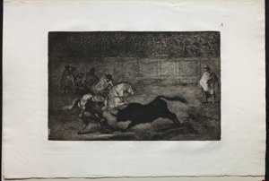 Touradas: Um cavaleiro montado espanhol que quebra lanças curtas com a ajuda de assistentes, 1876. de Francisco de Goya