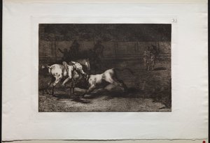 Touradas: Mariano Ceballos, aliás o indiano, mata o touro de seu cavalo, 1876. de Francisco de Goya