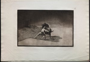 Touradas: O famoso Martincho coloca as bandarilhas tocando o touro com o movimento ..., 1876. de Francisco de Goya