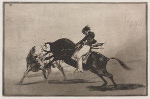 Touradas: Os mesmos Ceballos montados em outro touro quebra lanças curtas no ringue em Madrid de Francisco de Goya