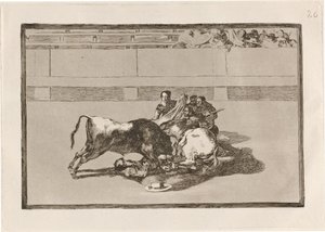 Queda de um picador de seu cavalo abaixo do touro (Um Picador é Desmontado e Cai sob o Touro) de Francisco de Goya
