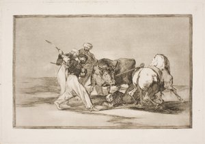 Os mouros, que se estabeleceram na Espanha e abandonaram a superstição do Alcorão, adquiriram essa arte de caçar e empalar um touro na planície de Francisco de Goya