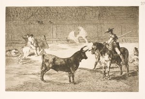 O célebre picador, Fernando del Toro, provoca o touro olme com sua lança de Francisco de Goya