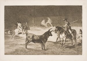 O célebre picador, Fernando del Toro, provoca o touro olme com sua lança de Francisco de Goya