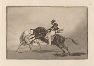 Os mesmos ceballos montados em outro touro quebram Rejones na Plaza de Madrid (Os mesmos ceballos montados em outro touro quebram lanças curtas no ringue em Madrid) de Francisco de Goya