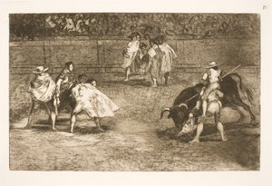 Um toureiro, sentado nos ombros de um assistente, barra um touro de Francisco de Goya