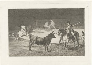 Fernando del Toro daagt een stier uit O famoso Fernando del Toro, barilaguero, forçando a fera com sua vara Tourada (título da série) Stierenvechten (título da série) de Francisco de Goya
