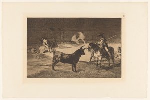 Fernando del Toro daagt een stier uit
O famoso Fernando del Toro, barilarguero, forçando a besta com a sua garrocha (poste)
Stierengevechten (título da série)
La Taureaumachie (título da série)
La Tauromaquia (título da série) de Francisco de Goya