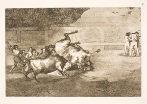Cavalo jogado no chão por um touro de Francisco de Goya