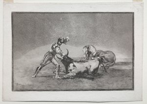 La Tauromaquia: Um cavaleiro espanhol mata o touro depois de ter perdido seu cavalo de Francisco de Goya