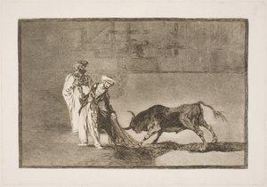 Os mouros na arena fazem um grande esforço para atrair o touro com a ajuda de seus burnus de Francisco de Goya