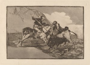 Maneira em que os antigos espanhóis caçavam touros a cavalo no campo (A maneira em que os antigos espanhóis caçavam touros a cavalo no campo aberto) de Francisco de Goya