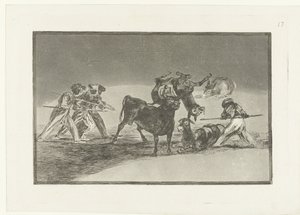 Mouros e burros a lutar contra um touro
Palenque de los Moros hecho con burros para defenderse del toro embolado
La Tauromaquia (título da série)
Tourada (título da série) de Francisco de Goya