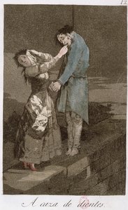 A caça de dentes, placa 12 de &39;Los caprichos&39;, final do século XVIII (gravura colorida) (ver também 81631) de Francisco de Goya