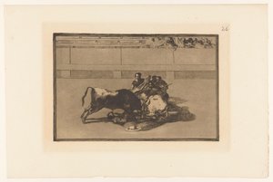 Picador caiu do cavalo Caida de un picador de su caballo debajo del toro Touradas (título da série) La Taureaumachie (título da série) La Tauromaquia (título da série) de Francisco de Goya