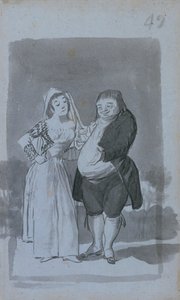 Prostituta solicitando um homem gordo e feio reto, 1796-97. de Francisco de Goya