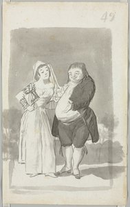 Prostituta solicitando um homem gordo e feio, jovem, torcendo as mãos ... verso, 1796-97. de Francisco de Goya