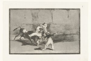Touro é agarrado por toureiros Cogida de un Moro permanecer em la plaza Tourada (título da série) La Tauromaquia (título da série) de Francisco de Goya